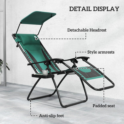 Outsunny Zero Gravity Lounger Chair Set of 2, składany rozkładany fotel ogrodowy z osłoną przeciwsłoneczną, wyściełanym siedziskiem, uchwytem na kubek, miękką poduszką i zagłówkiem do użytku przy basenie, kempingowy, zielony
