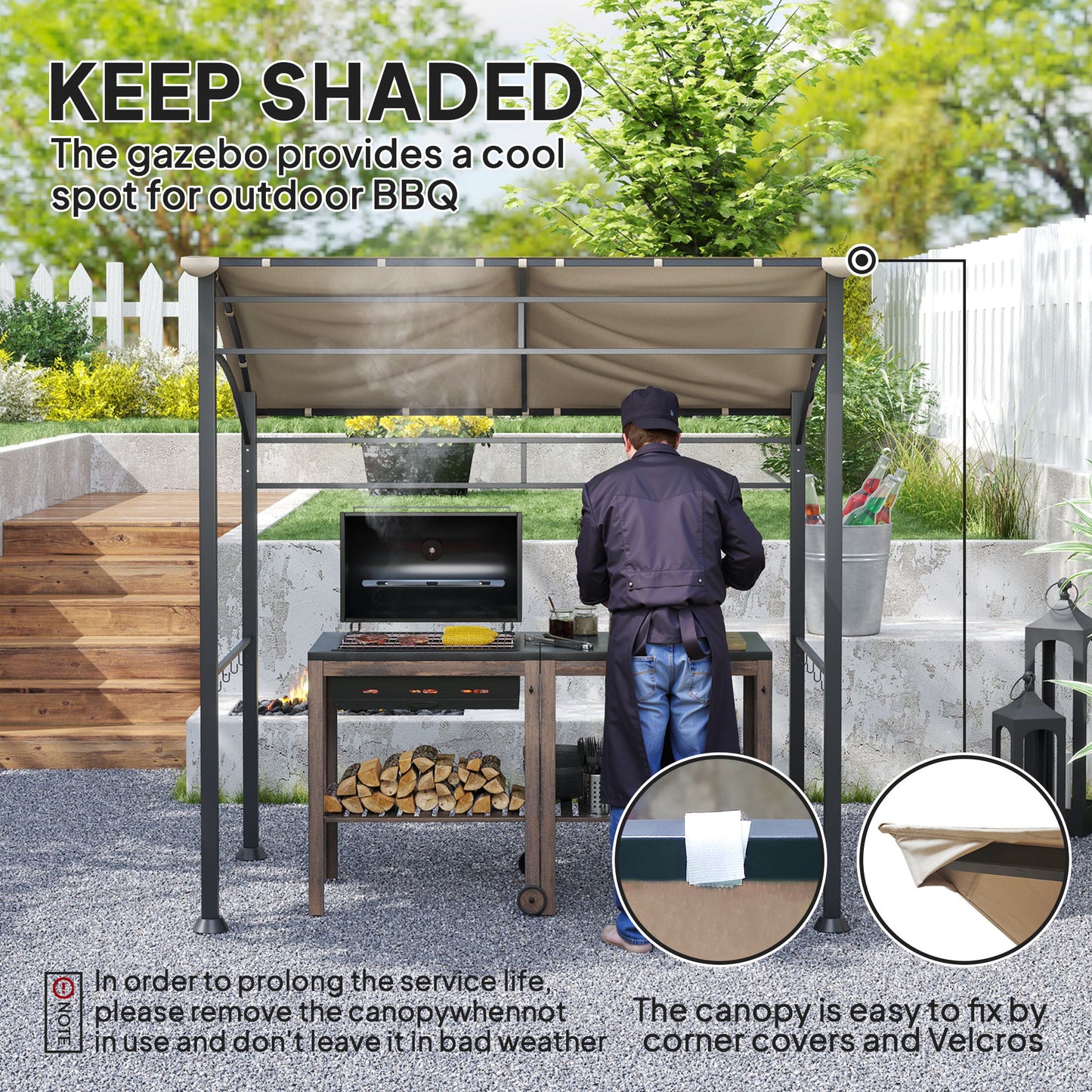 Outsunny 2,2 x 1,5 m Namiot ogrodowy z grillem BBQ, metalową ramą, zakrzywionym baldachimem i 10 haczykami, osłona przeciwsłoneczna na zewnątrz, khaki