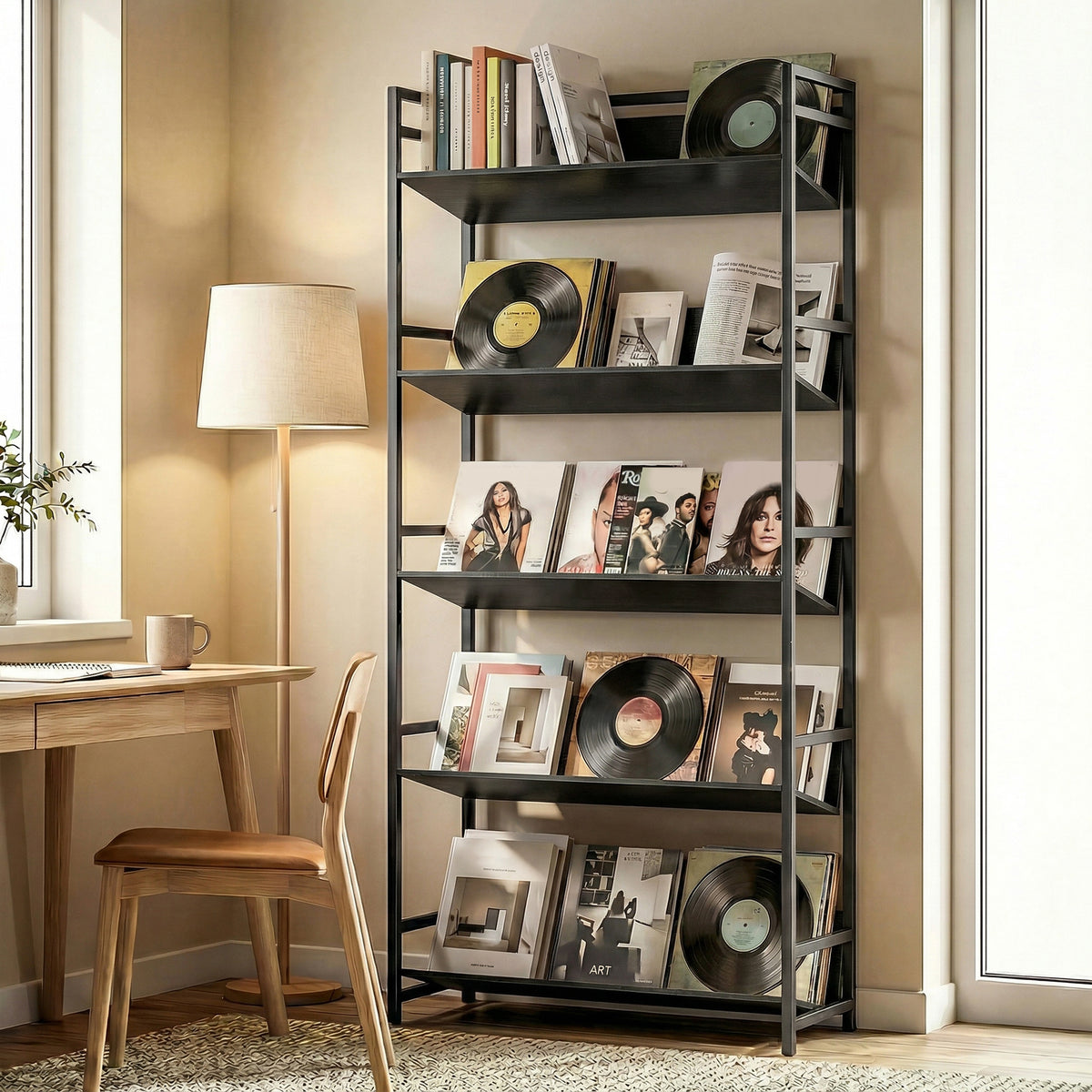 HOMCOM Bookshelf 5-Tier Metal Frame Bookcase Storage Shelves for Living Room Black