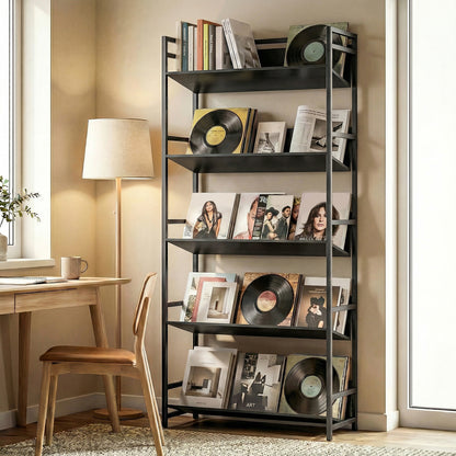 HOMCOM Bookshelf 5-Tier Metal Frame Bookcase Storage Shelves for Living Room Black