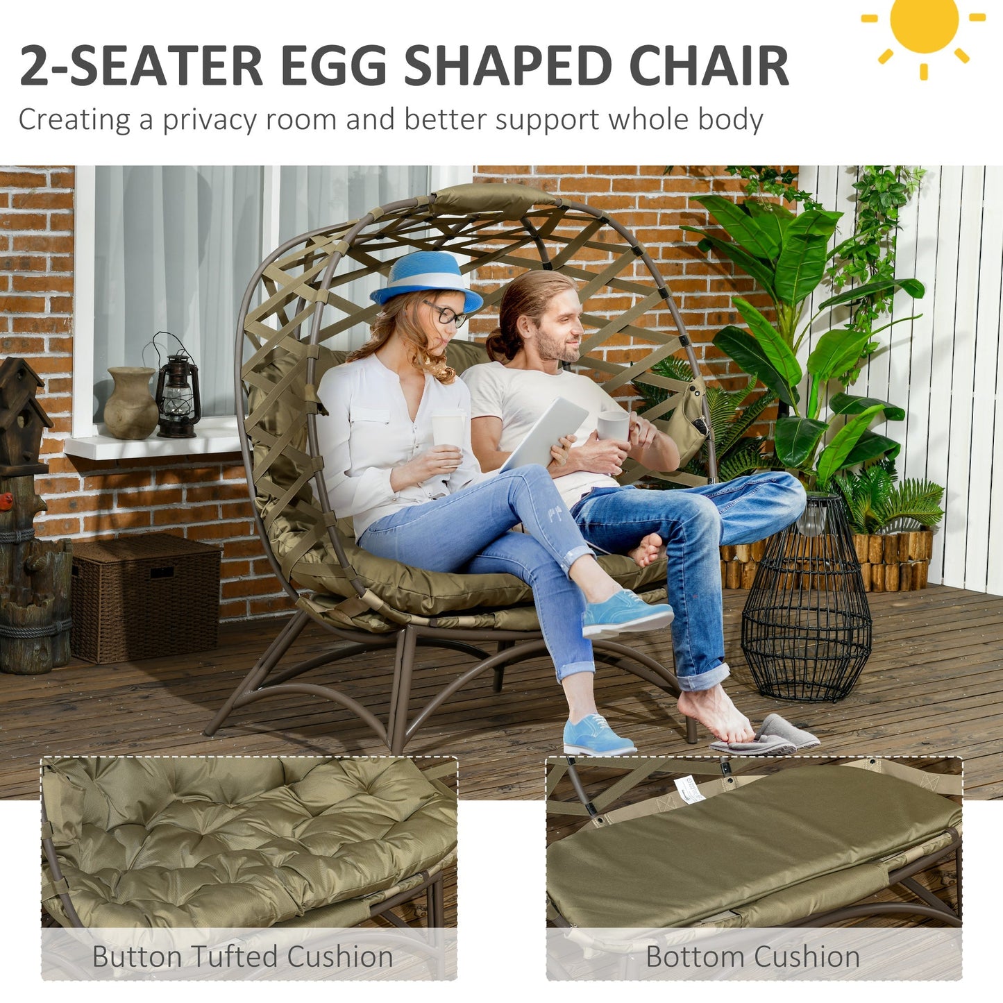 Outsunny 2 Seater Egg Chair Outdoor, Folding Weave Garden Furniture Chair with Cushion, Cup Pockets - Khaki