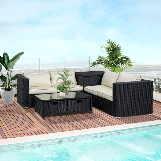 Outsunny 4-częściowy zestaw mebli ogrodowych z rattanu, wikliny, na patio, sofa, przechowywanie i stół z 2 szufladami, stolik kawowy, świetna, wyściełana, 4-osobowa narożna sofa - czarny