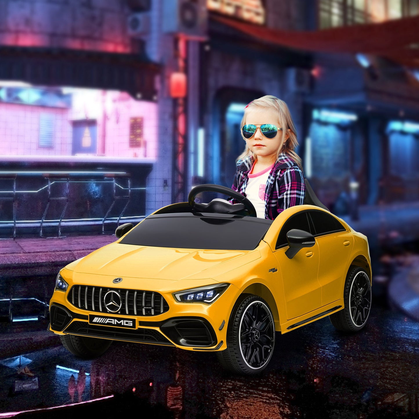 AIYAPLAY Mercedes-Benz AMG CLA 45 Licencjonowany 12V Elektryczny Samochód Dla Dzieci Jeździk z Pilotem, Światła Zawieszenia, Klakson Muzyczny - Żółty