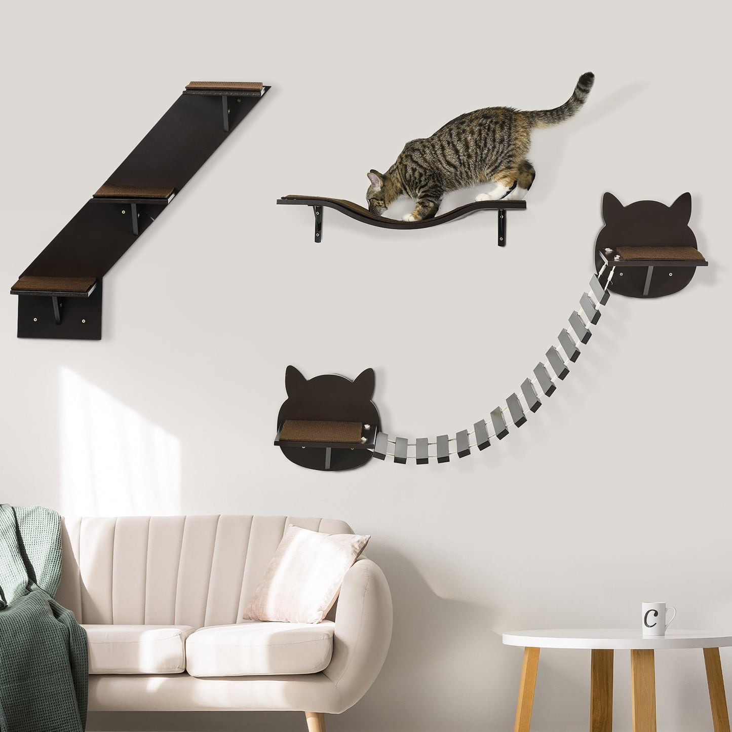 PawHut Three-Piece Wall-Mounted Cat Shelves w/ Jumping Platforms, Ladders - Brown