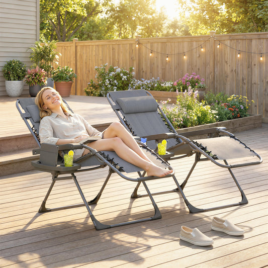 Outsunny Zero Gravity Chairs Set of 2, Folding Sunloungers Reclining Garden Chairs with Cup Holder, Headrest, Dark Grey