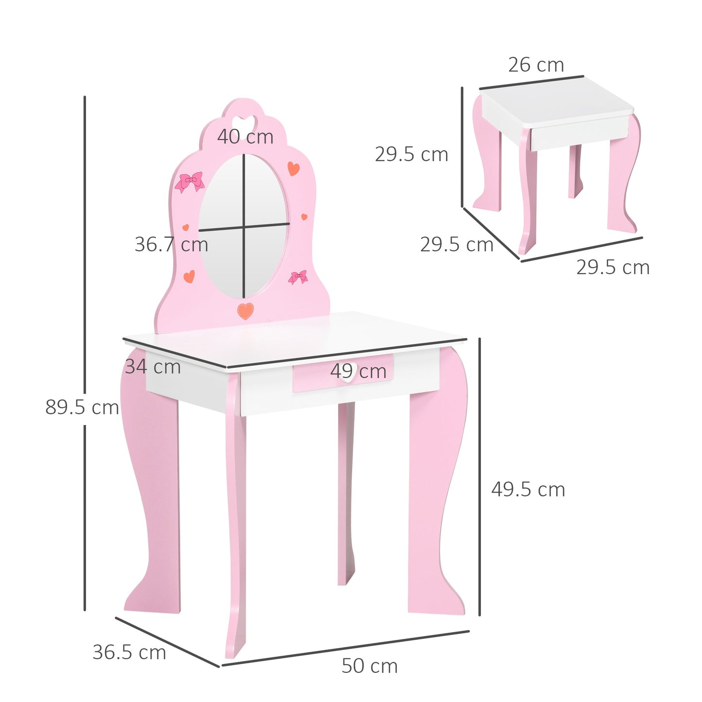 ZONEKIZ Kids Dressing Table Set Kids Vanity Set Girl Makeup Desk with Mirror Stool Drawer Cute Patterns for 3-6 Years Old, Pink