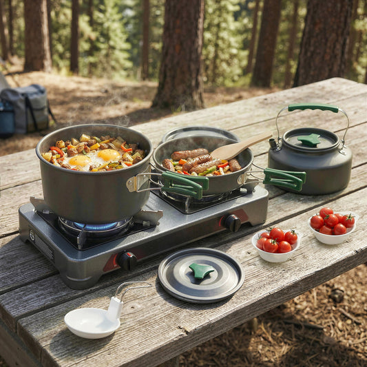 Outsunny Camping Cookware Set for 2-3 People, Ultralight Aluminium Camping Cooking Kit with Anti-Scald Handles, Grey