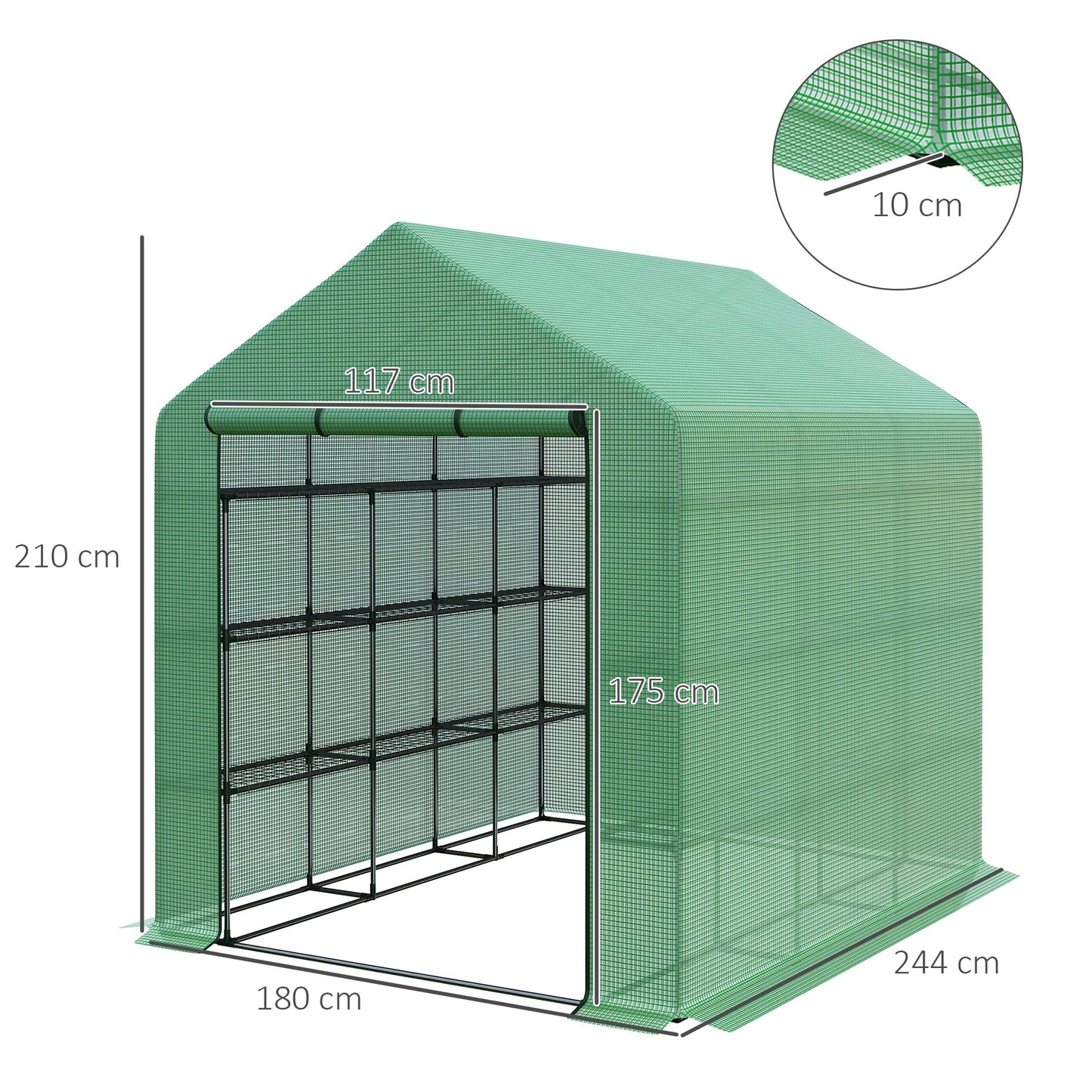 Szklarnia typu walk-in Outsunny z 4 poziomami i 24 półkami, przenośna szklarnia z drzwiami zwijanymi na zamek, 244 x 180 x 210 cm, zielona