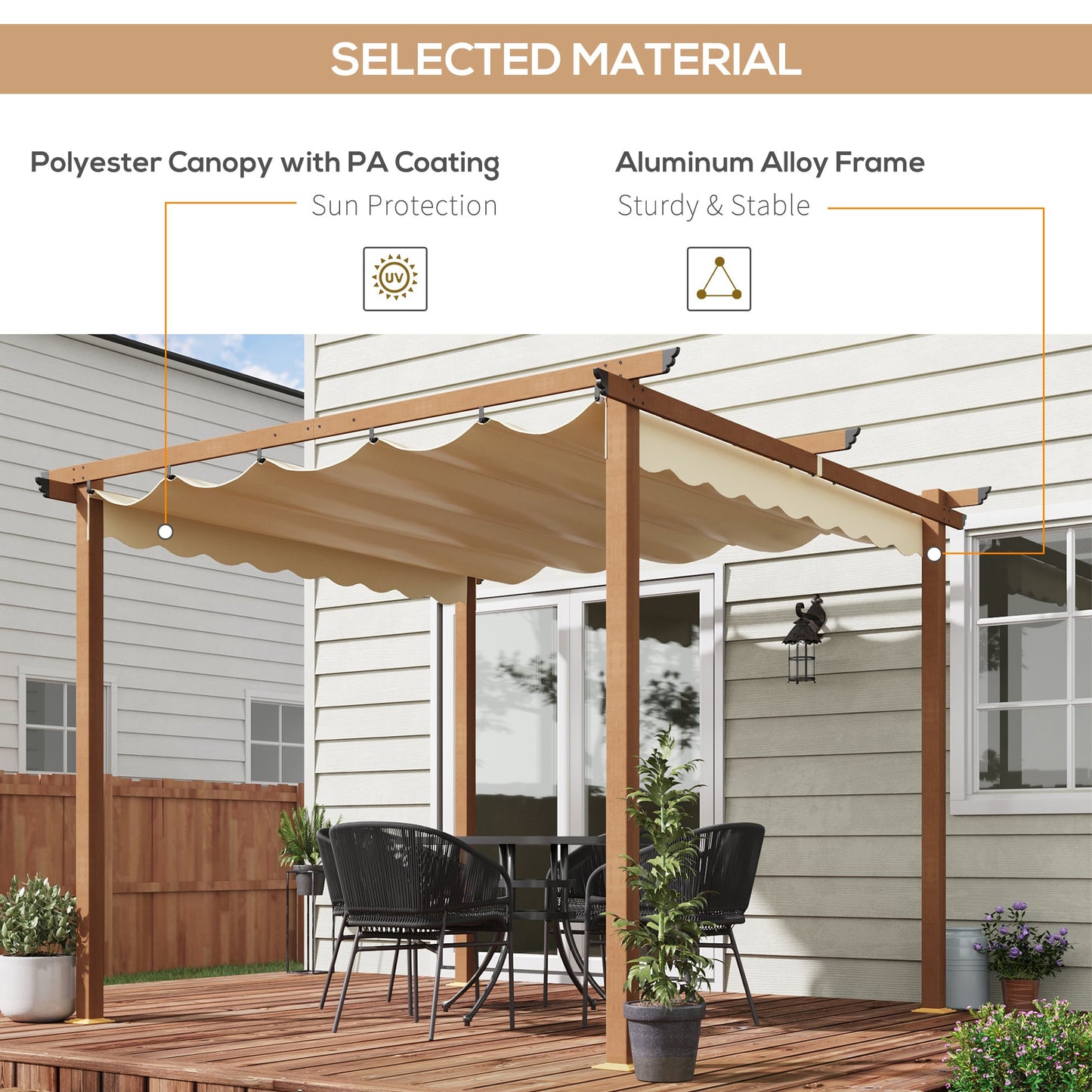 3 x 3 m Outdoor Pergola Canopy Patio Gazebo Sun Shelter with Retractable Roof Aluminium Frame for Garden, Khaki