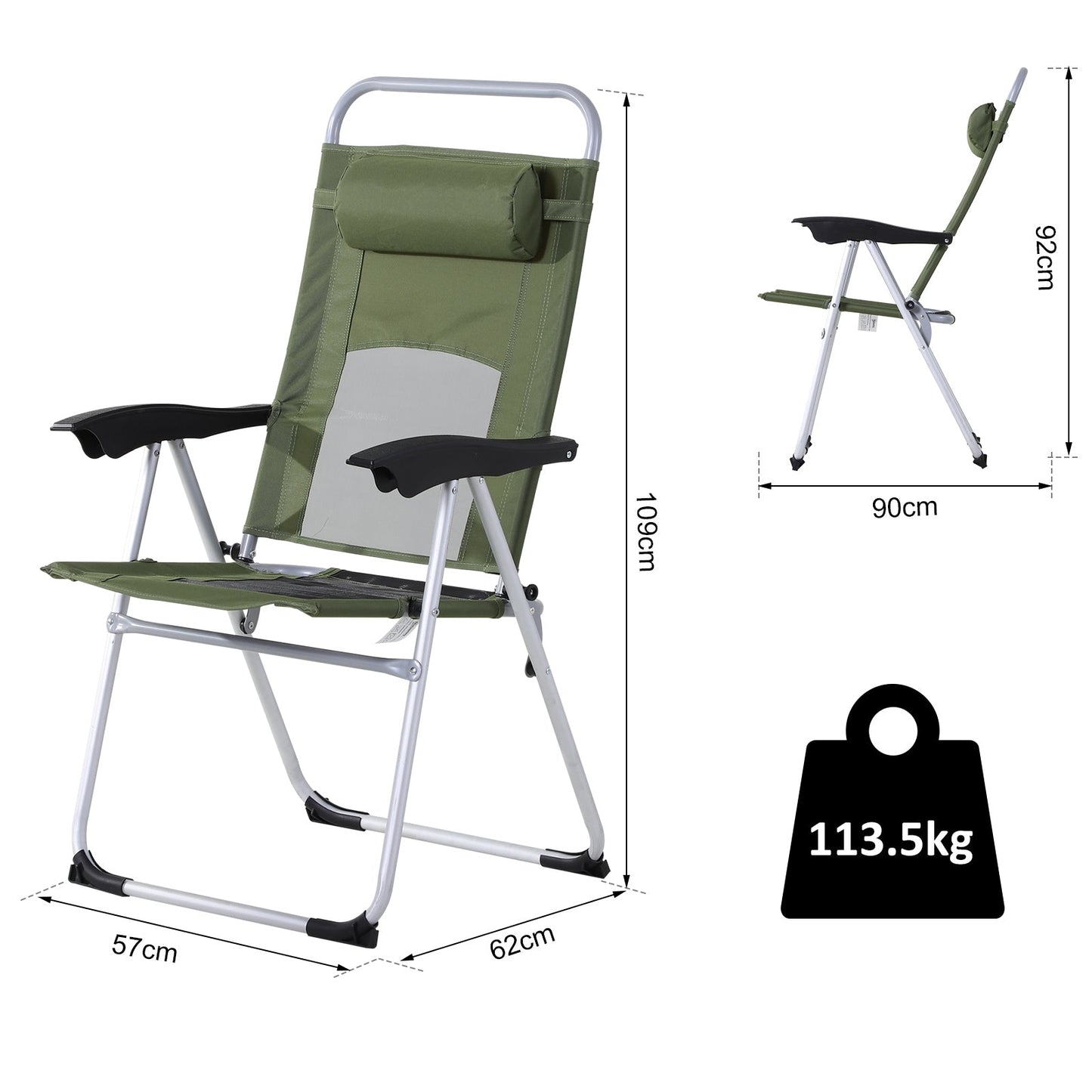 Outsunny Outdoor Garden Folding Chair Patio Armchair 3-Position Adjustable Recliner Reclining Seat with Pillow - Green