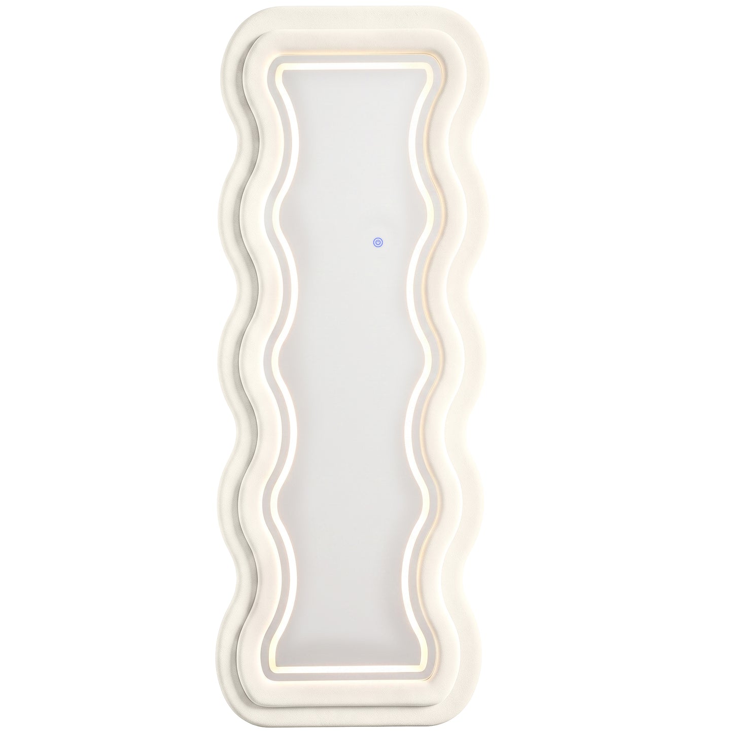 HOMCOM Full Length Mirror, 160 x 60 cm Wavy Full Body Wall Standing Mirror with Velvet Frame and LED Light Strip, Cream White