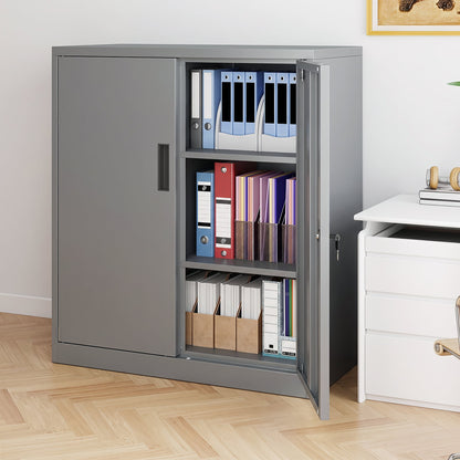 File Cabinet with 2 Lockable Doors and 2 Adjustable Shelve-Grey