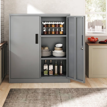 File Cabinet with 2 Lockable Doors and 2 Adjustable Shelve-Grey