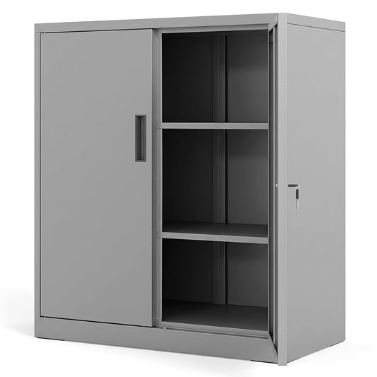 File Cabinet with 2 Lockable Doors and 2 Adjustable Shelve-Grey