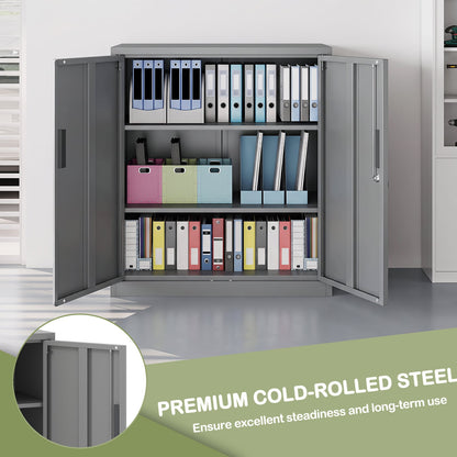 File Cabinet with 2 Lockable Doors and 2 Adjustable Shelve-Grey