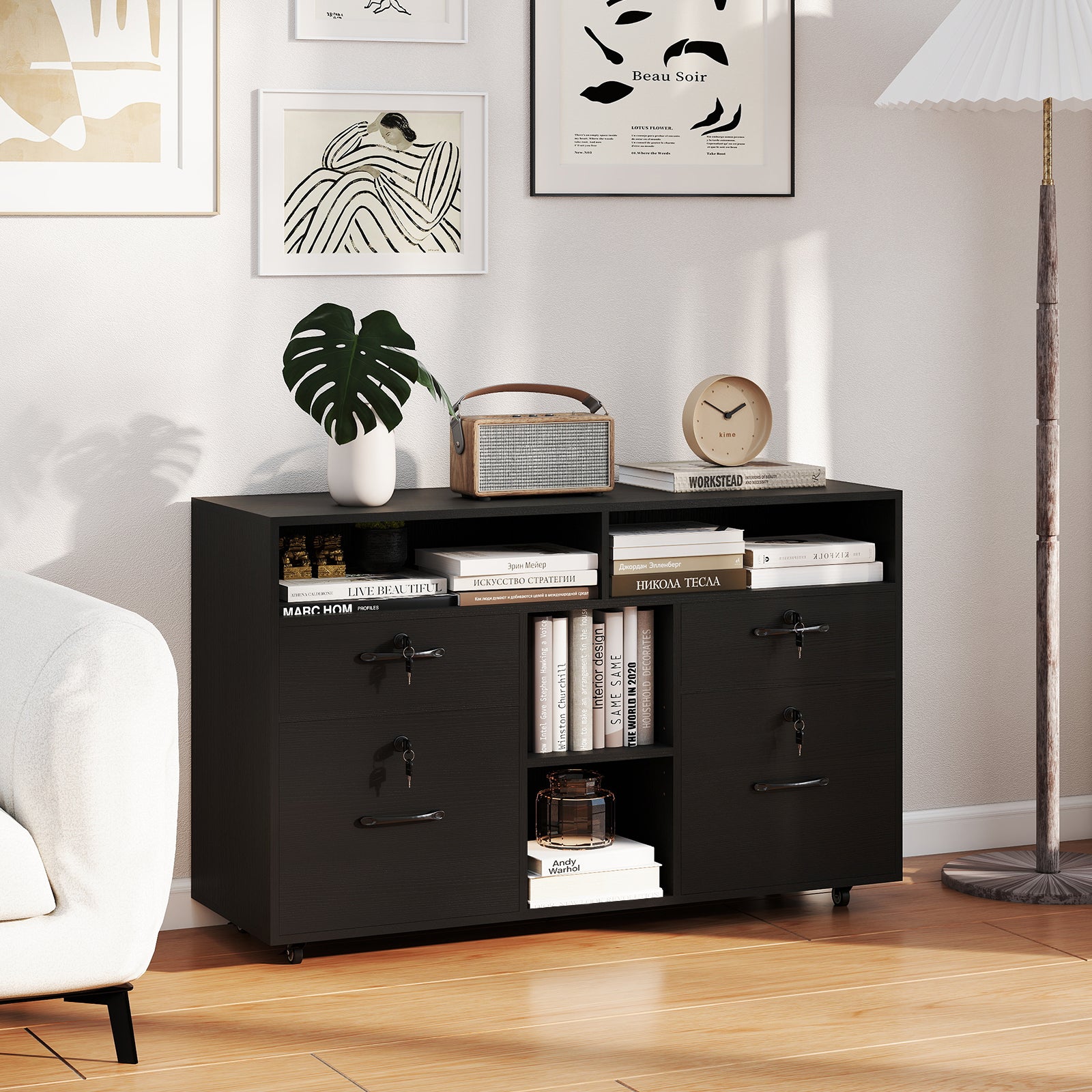 File Cabinet with Lock Mobile Lateral Filing Storage Organizer-Black