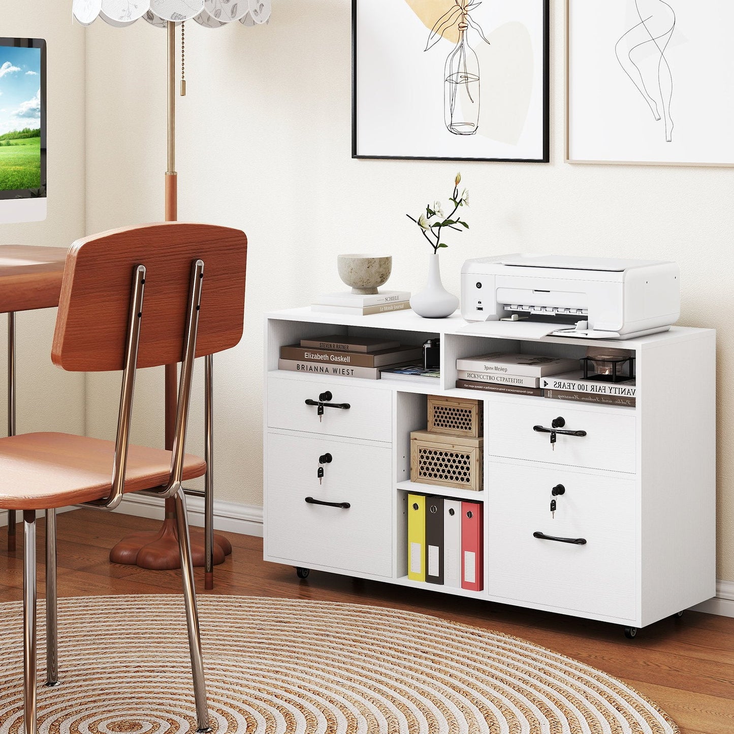 File Cabinet with Lock Mobile Lateral Filing Storage Organizer-White