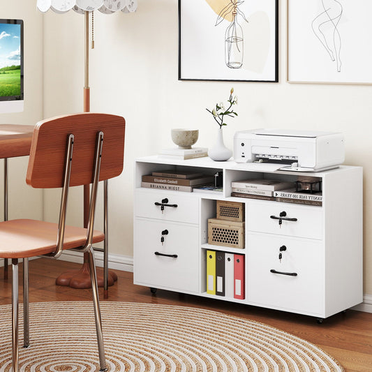 File Cabinet with Lock Mobile Lateral Filing Storage Organizer-White