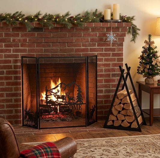 Fireplace Screen and Firewood Log Rack Set for Home
