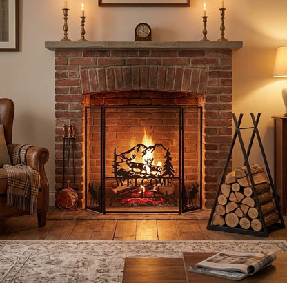 Fireplace Screen and Firewood Log Rack Set for Home