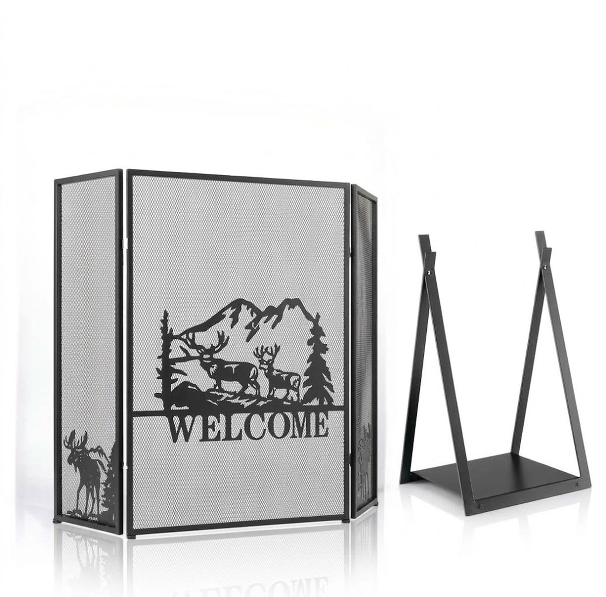 Fireplace Screen and Firewood Log Rack Set for Home