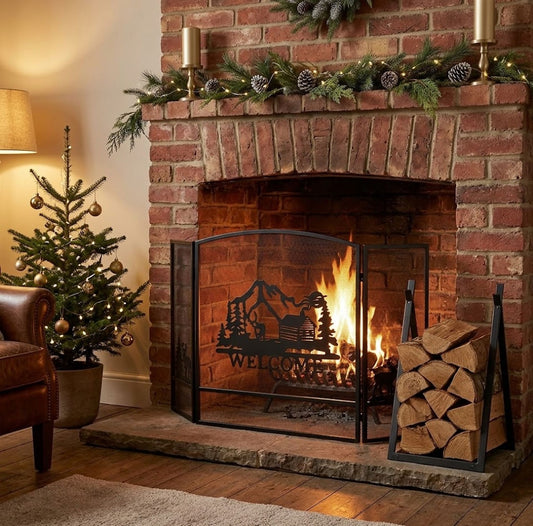 Fireplace Screen with Natural Scenery and Firewood Log Rack Bundle