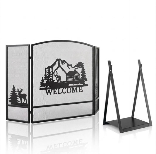 Fireplace Screen with Natural Scenery and Firewood Log Rack Bundle
