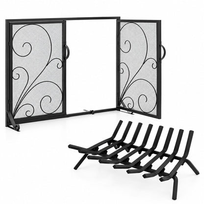 Fireplace Set with Outdoor Fireplace Grate and Double Door Fireplace Screen Flat Fire Guard