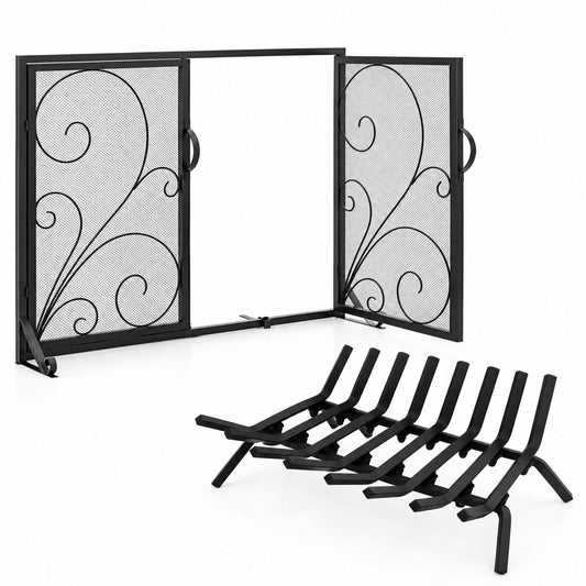 Fireplace Set with Outdoor Fireplace Grate and Double Door Fireplace Screen Flat Fire Guard