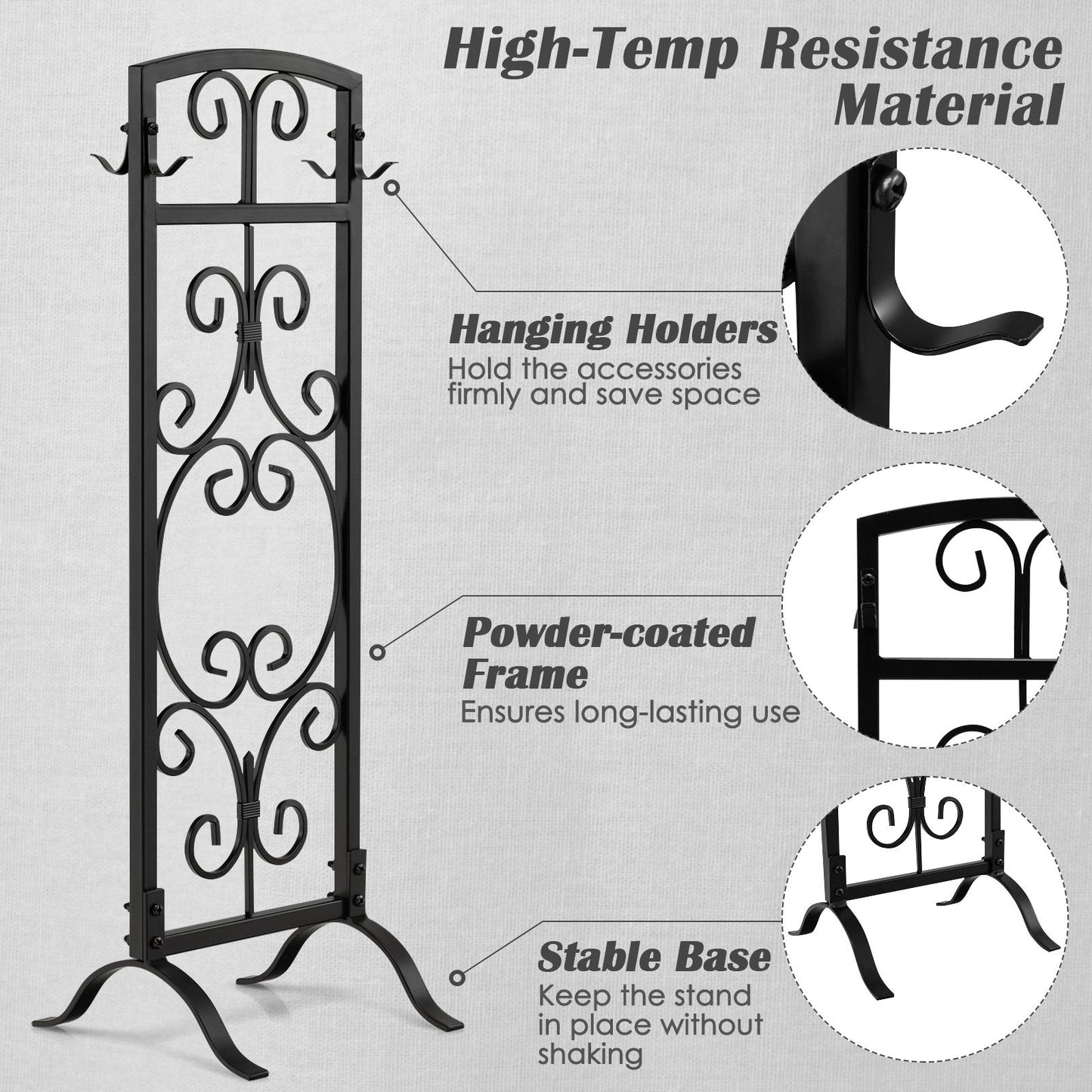 5-Piece Fireplace Tool Set with Tong, Brush, Shovel, Poker, Stand