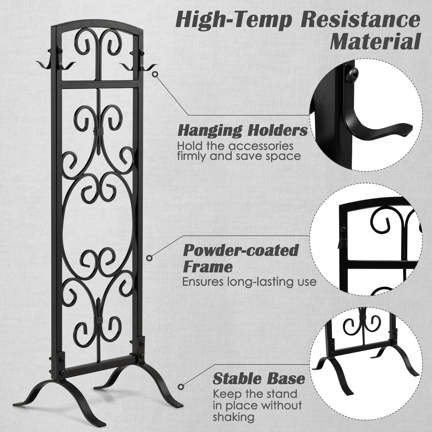 5-Piece Fireplace Tool Set with Tong, Brush, Shovel, Poker, Stand