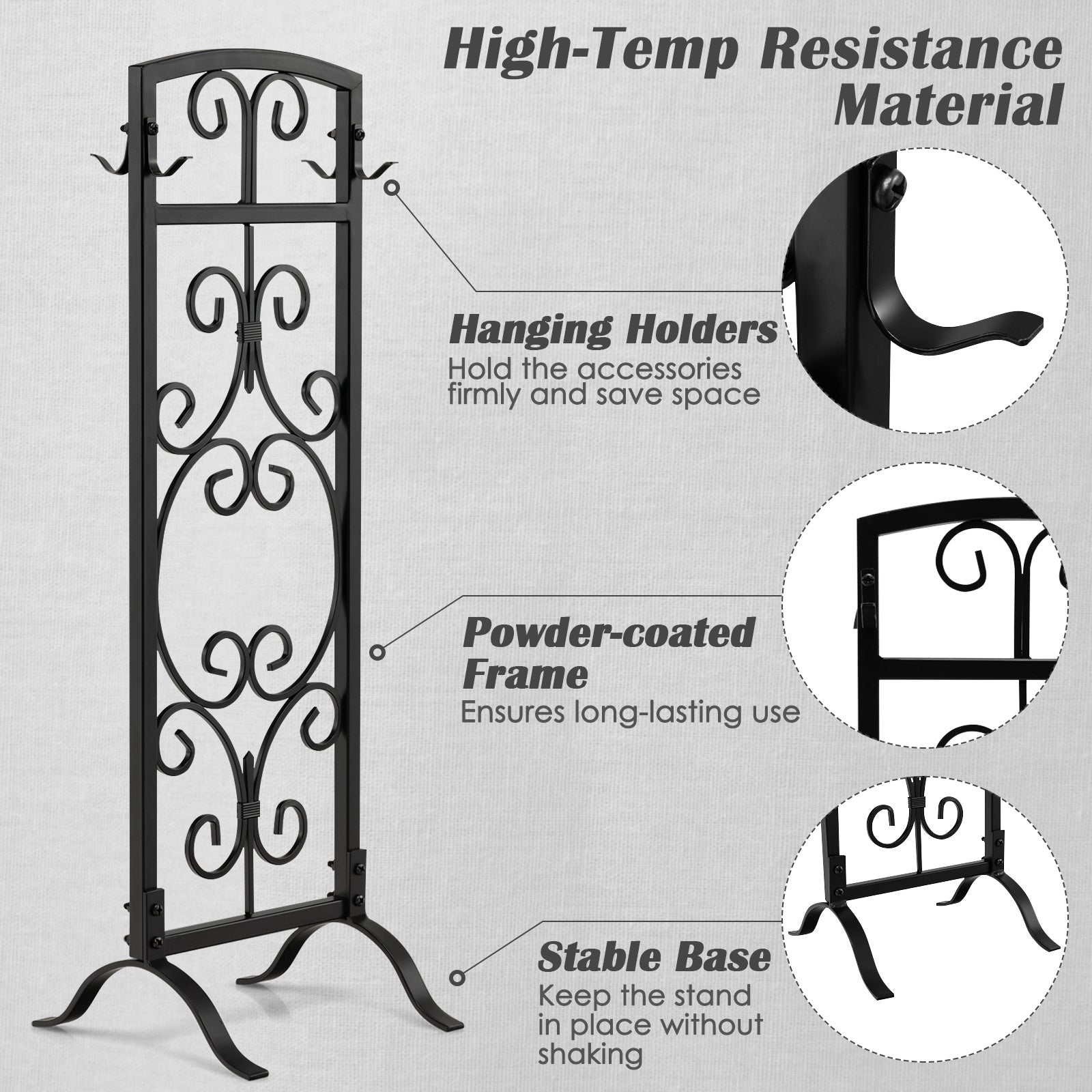 5-Piece Fireplace Tool Set with Tong, Brush, Shovel, Poker, Stand
