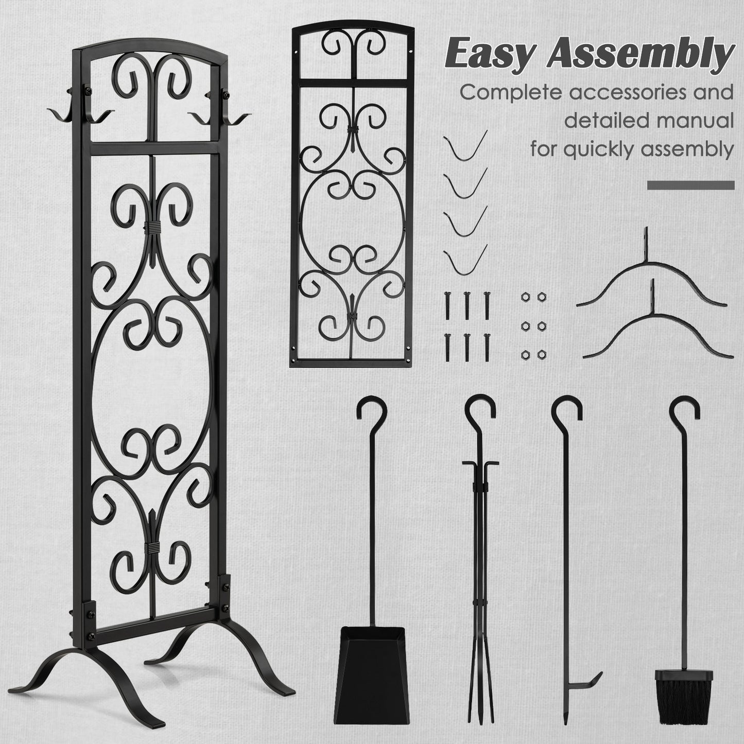 5-Piece Fireplace Tool Set with Tong, Brush, Shovel, Poker, Stand