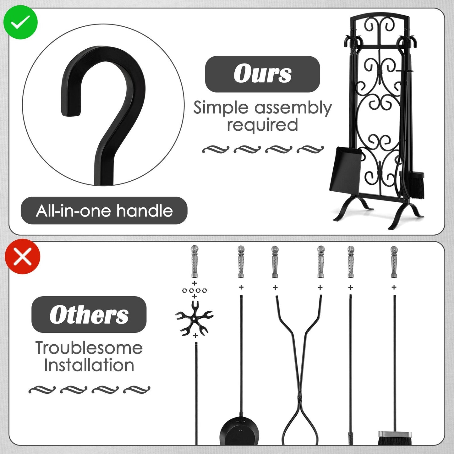 5-Piece Fireplace Tool Set with Tong, Brush, Shovel, Poker, Stand