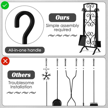 5-Piece Fireplace Tool Set with Tong, Brush, Shovel, Poker, Stand