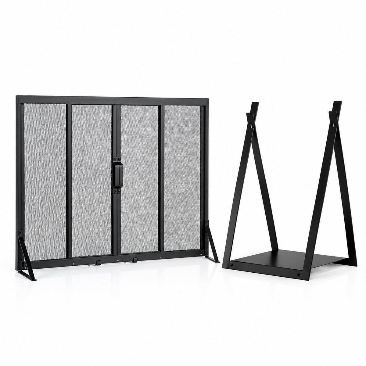 Firewood Log Rack with Solid Bottom Panel and Fireplace Screen