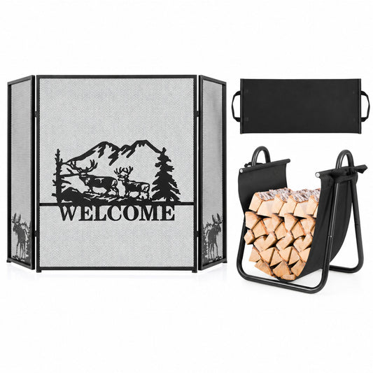 Firewood Rack with Canvas Carrier and 3-Panel Fireplace Screen