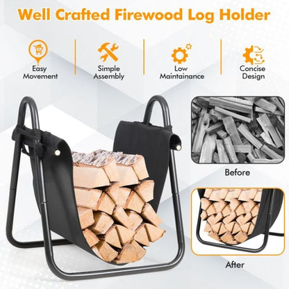 Firewood Rack with Canvas Carrier and 3-Panel Fireplace Screen with Forest Moose & Mountain Hut Design
