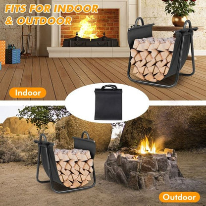 Firewood Rack with Canvas Carrier and 3-Panel Fireplace Screen with Forest Moose & Mountain Hut Design