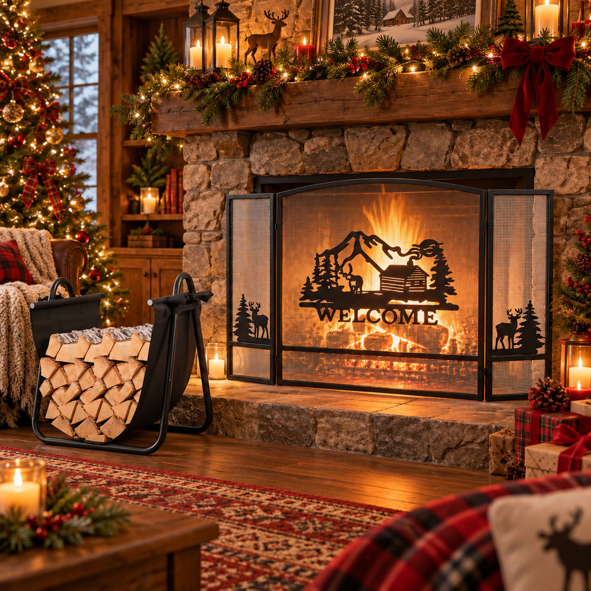 Firewood Rack with Canvas Carrier and 3-Panel Fireplace Screen with Forest Moose & Mountain Hut Design