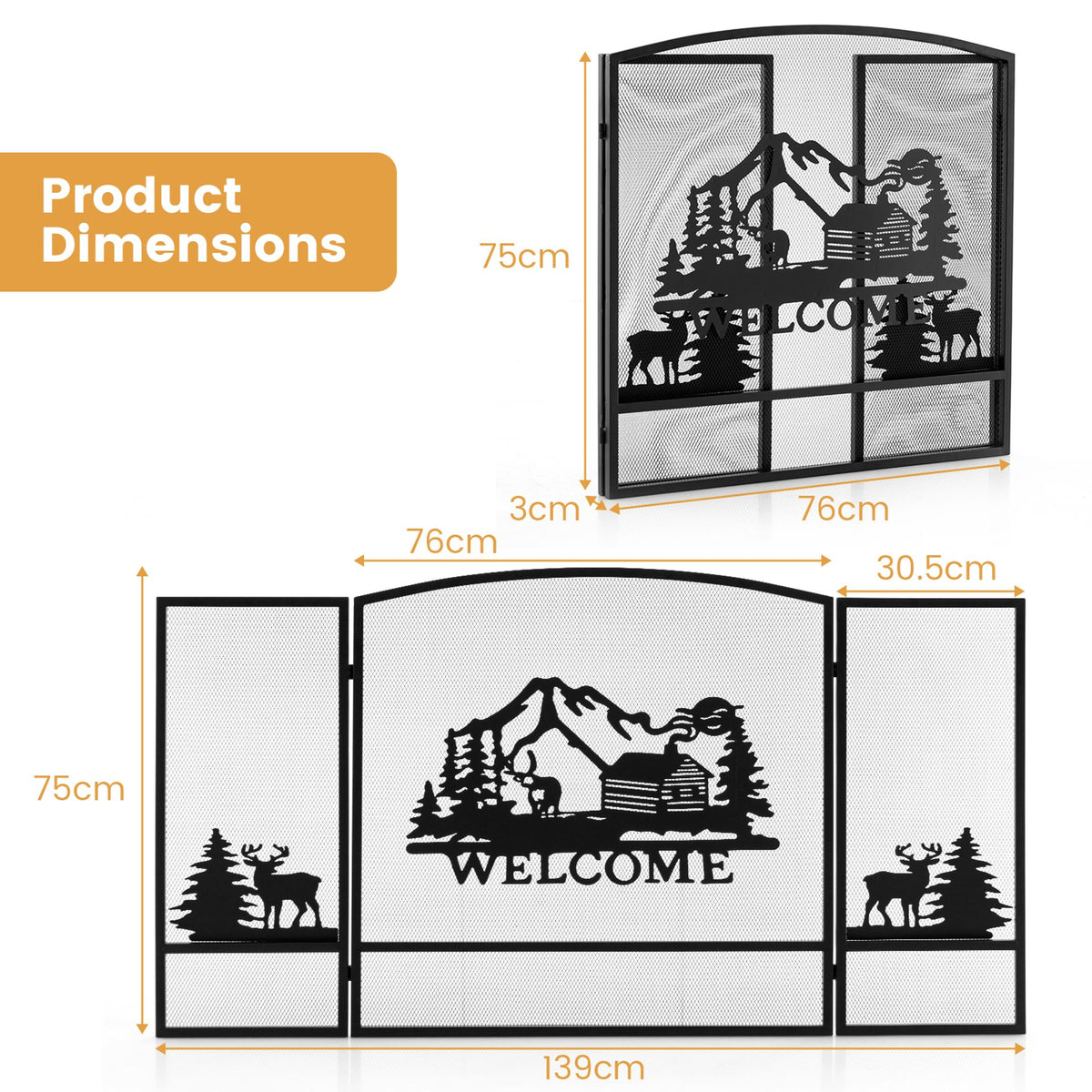 Firewood Rack with Canvas Carrier and 3-Panel Fireplace Screen with Forest Moose & Mountain Hut Design