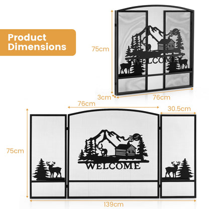 Firewood Rack with Canvas Carrier and 3-Panel Fireplace Screen with Forest Moose & Mountain Hut Design