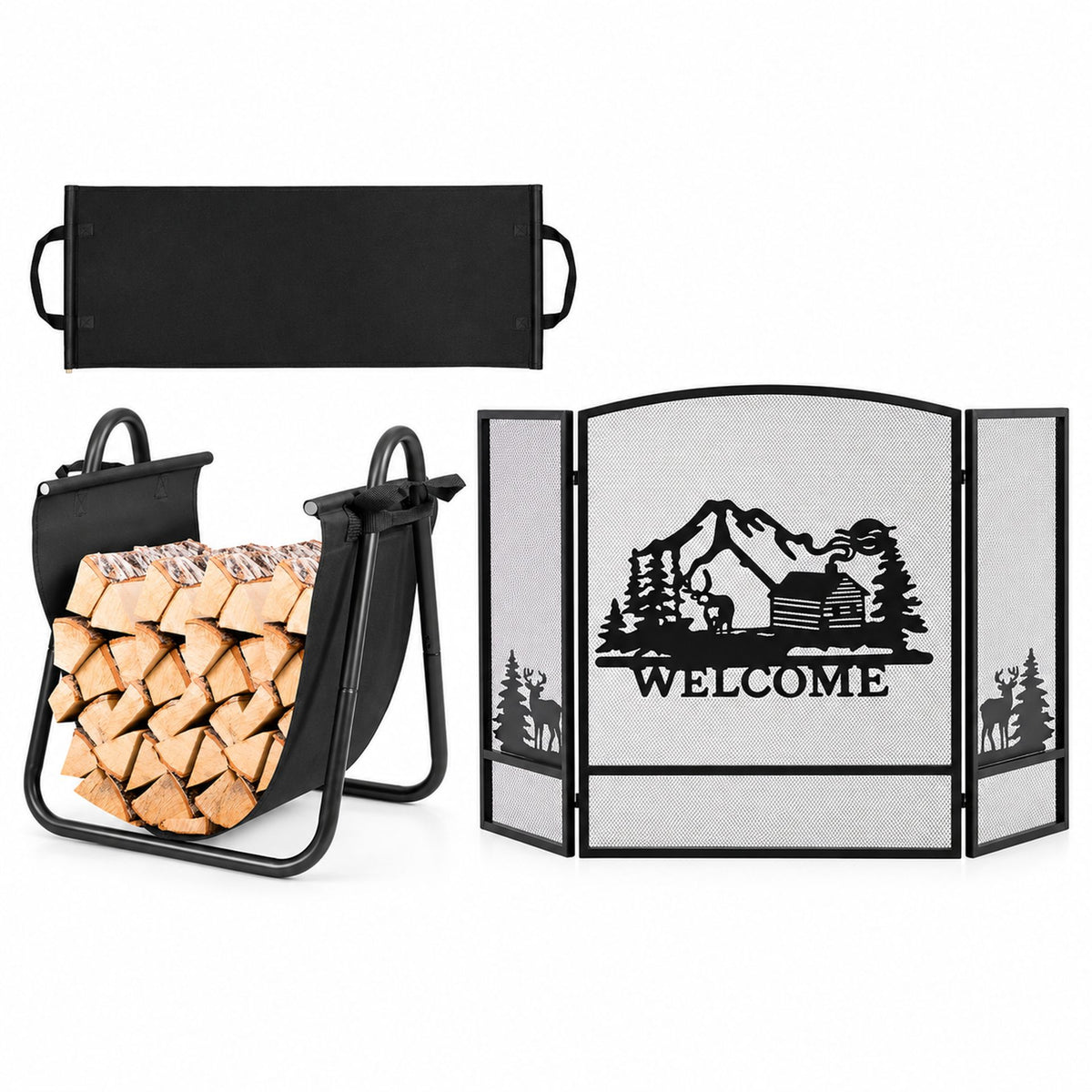 Firewood Rack with Canvas Carrier and 3-Panel Fireplace Screen with Forest Moose & Mountain Hut Design