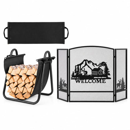 Firewood Rack with Canvas Carrier and 3-Panel Fireplace Screen with Forest Moose & Mountain Hut Design