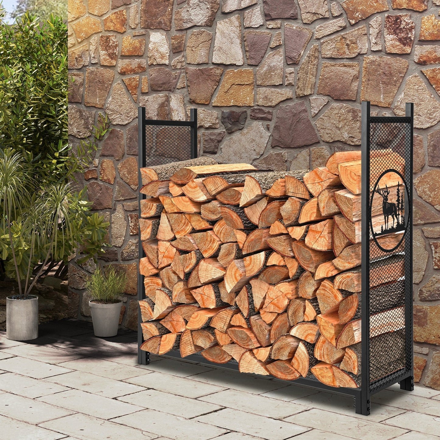 Firewood Rack Stand with Mesh Sides and Deer Tree Patterns