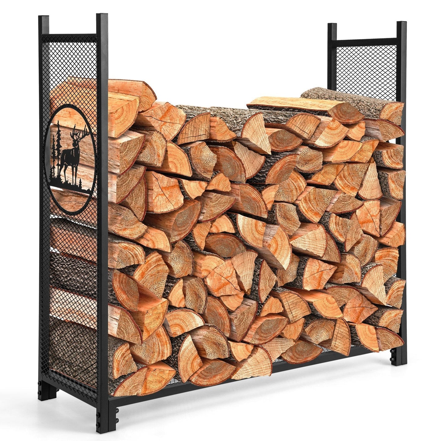 Firewood Rack Stand with Mesh Sides and Deer Tree Patterns