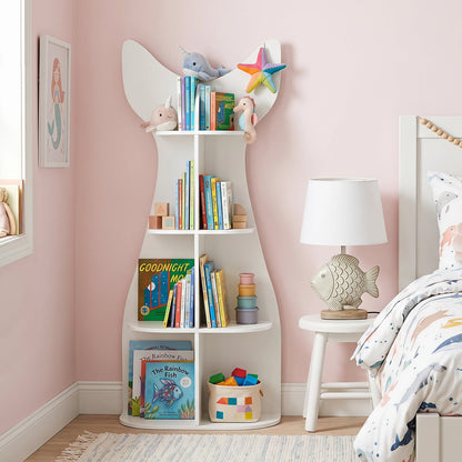 Fish-Shaped Kids Bookshelf with Open Shelves for Playroom-White