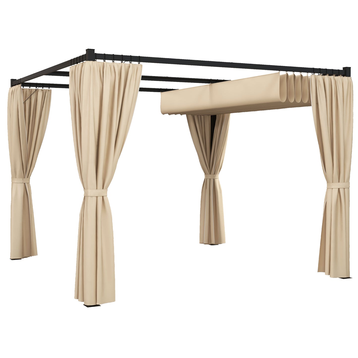 Outsunny 3 x 3(m) Rozsuwana pergola, altana ogrodowa z zasłonami, do grilla, na patio, pokład, beżowa