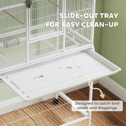 PawHut Large Bird Cage Budgie Cage with Stand, Storage Shelf, Wood Perch for Parrot, 81 x 48 x 162.5 cm, White