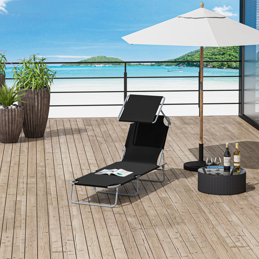 Outsunny Outdoor składany leżak słoneczny, 4-poziomowy regulowany oparcie, leżak słoneczny z markizą przeciwsłoneczną z regulacją kąta nachylenia, na plażę, do ogrodu, na patio, czarny